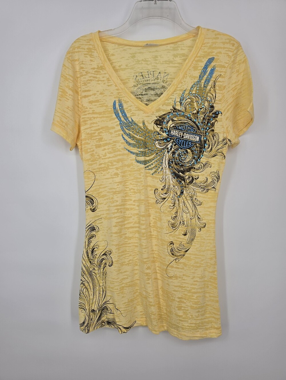 Harley-Davidson Women’s Biker Yellow Burnout V-Neck Moto Tee Rhinestone Wings M